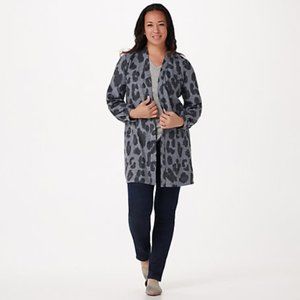 NWT SUSAN GRAVER BLUE LEOPARD ANIMAL PRINT GLITTER OVERSIZED CARDIGAN SWEATER XS